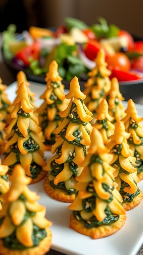 Golden-brown stuffed trees with spinach and cheese on a platter, garnished with sesame seeds, with a fresh salad in the background.